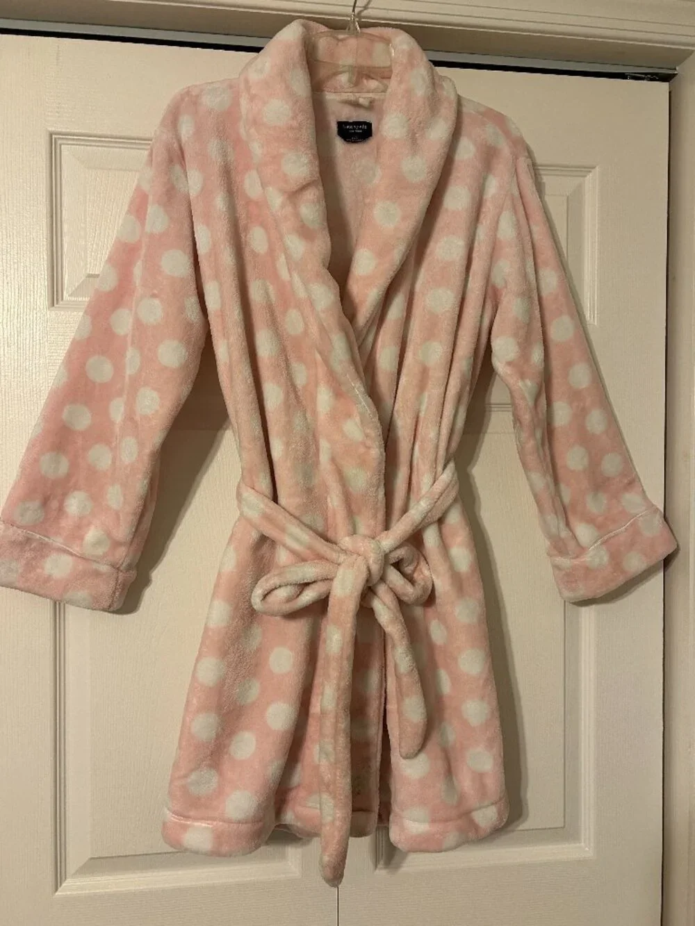 KATE SPADE Sz XS/ S Pink w/ White Polka Dots Plush Belted Robe w/ Pockets